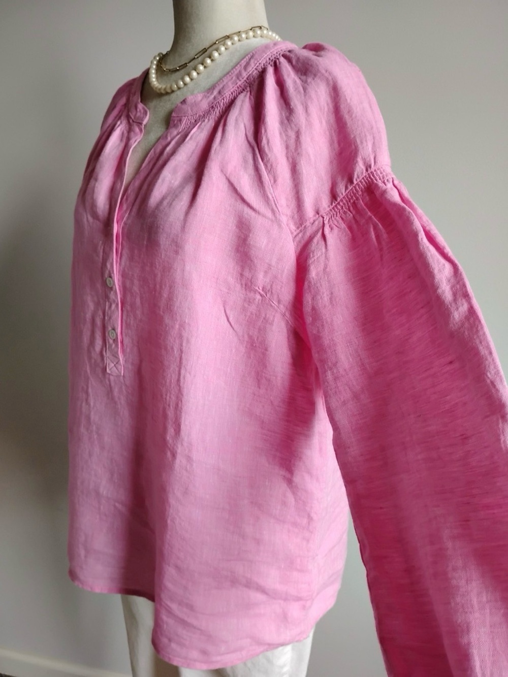 Talbots Bright Pink Linen Henley Peasant Blouse - Like New - Picture 5 of 13